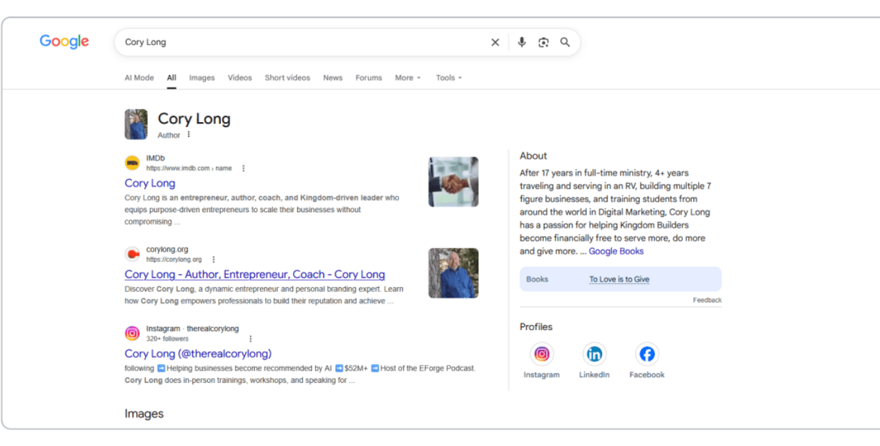 Google search and Knowledge Panel sample