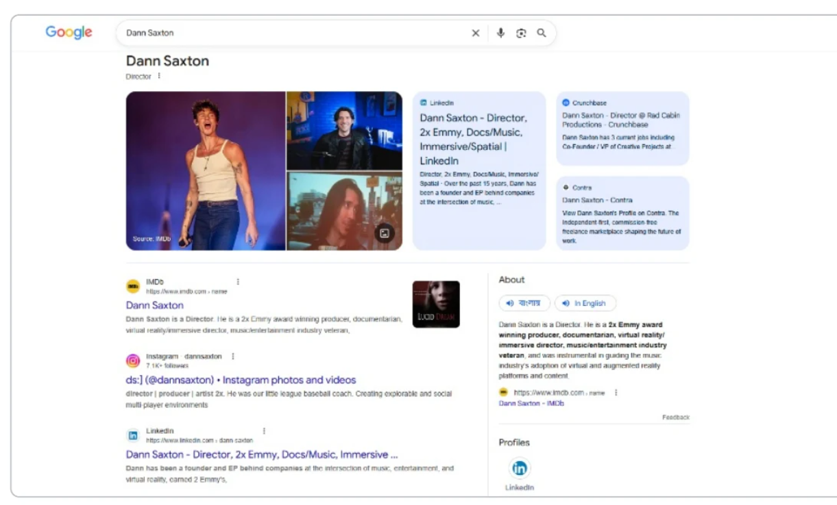 Google search and Knowledge Panel sample