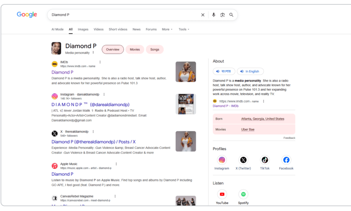 Google search and Knowledge Panel sample