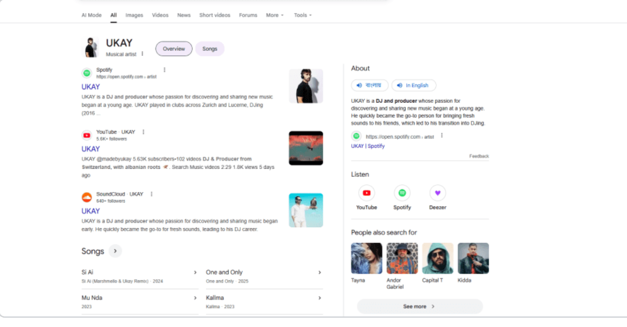 Google search and Knowledge Panel sample